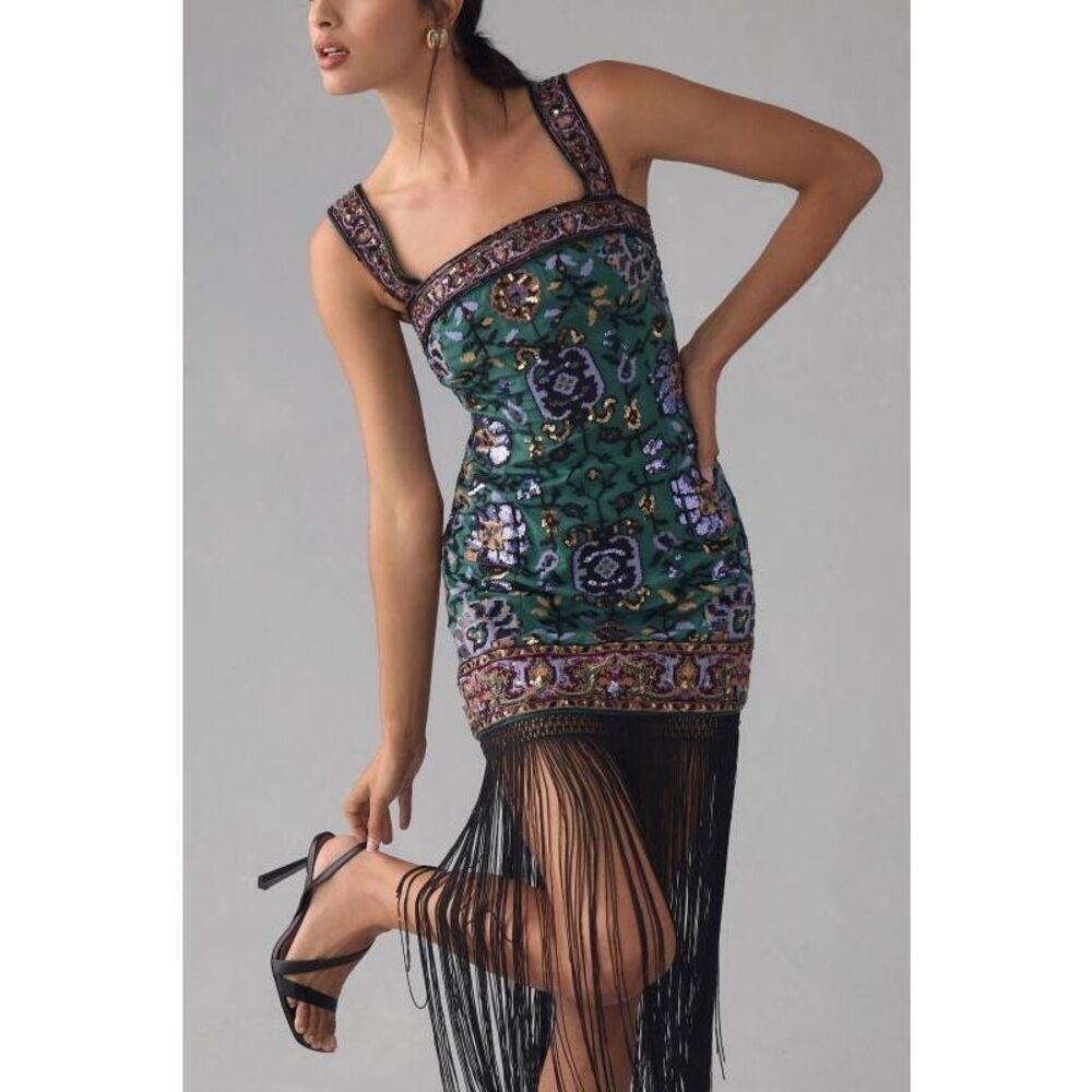 Anthropologie Slim Fringed Midi Dress Embroidered Beaded Fringe Size 14 NEW - Picture 2 of 5